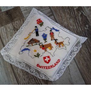 Miniature Embroidered Pillow Alba Switzerland 5x5 Lace Edge Hand Stitched